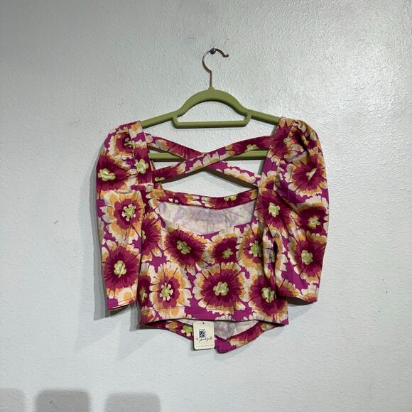 Free People Pink Combo Give Me More Floral Top Sz M NWT - Picture 10 of 13